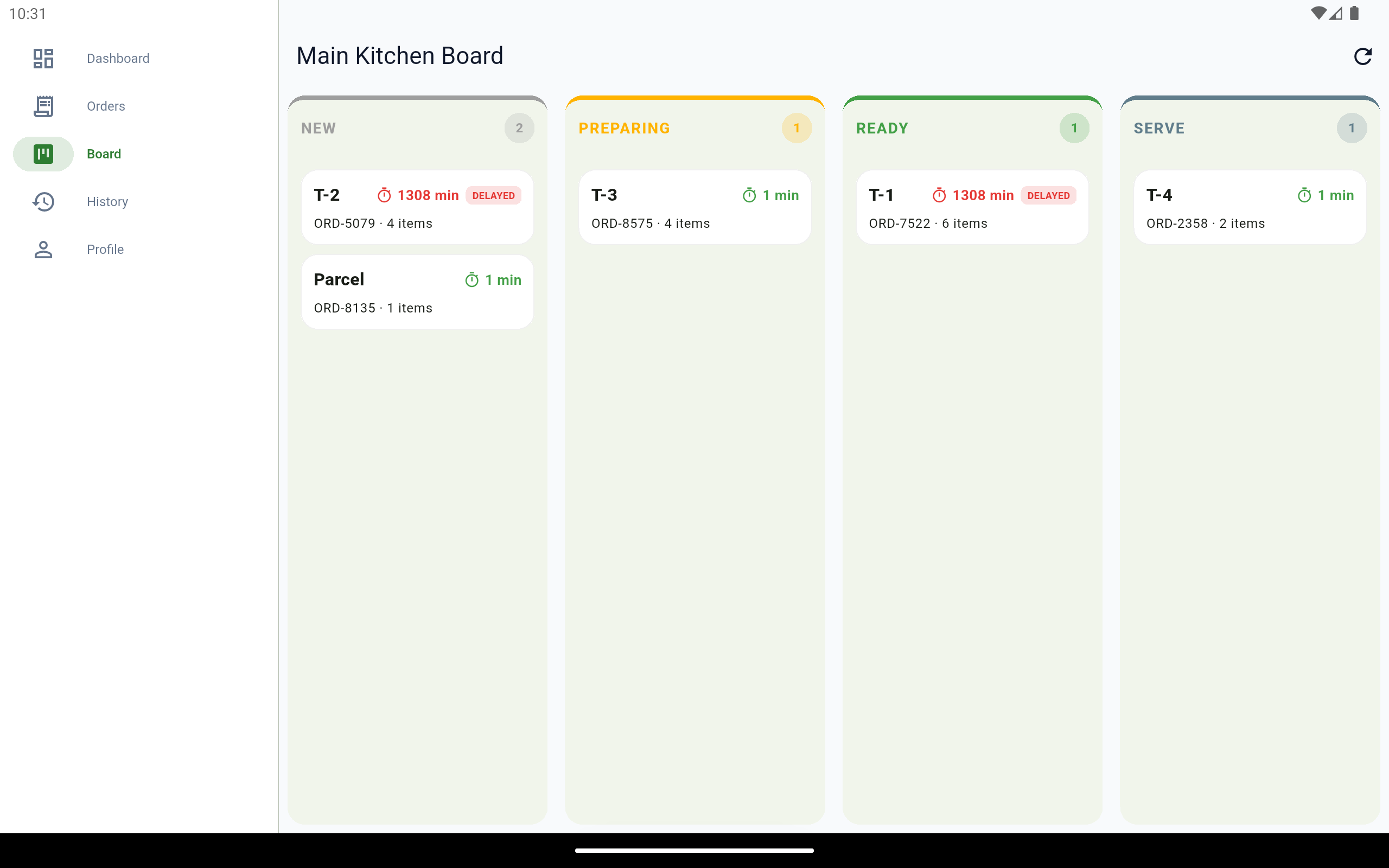 Kitchen board with New, Preparing, Ready, and Serve columns