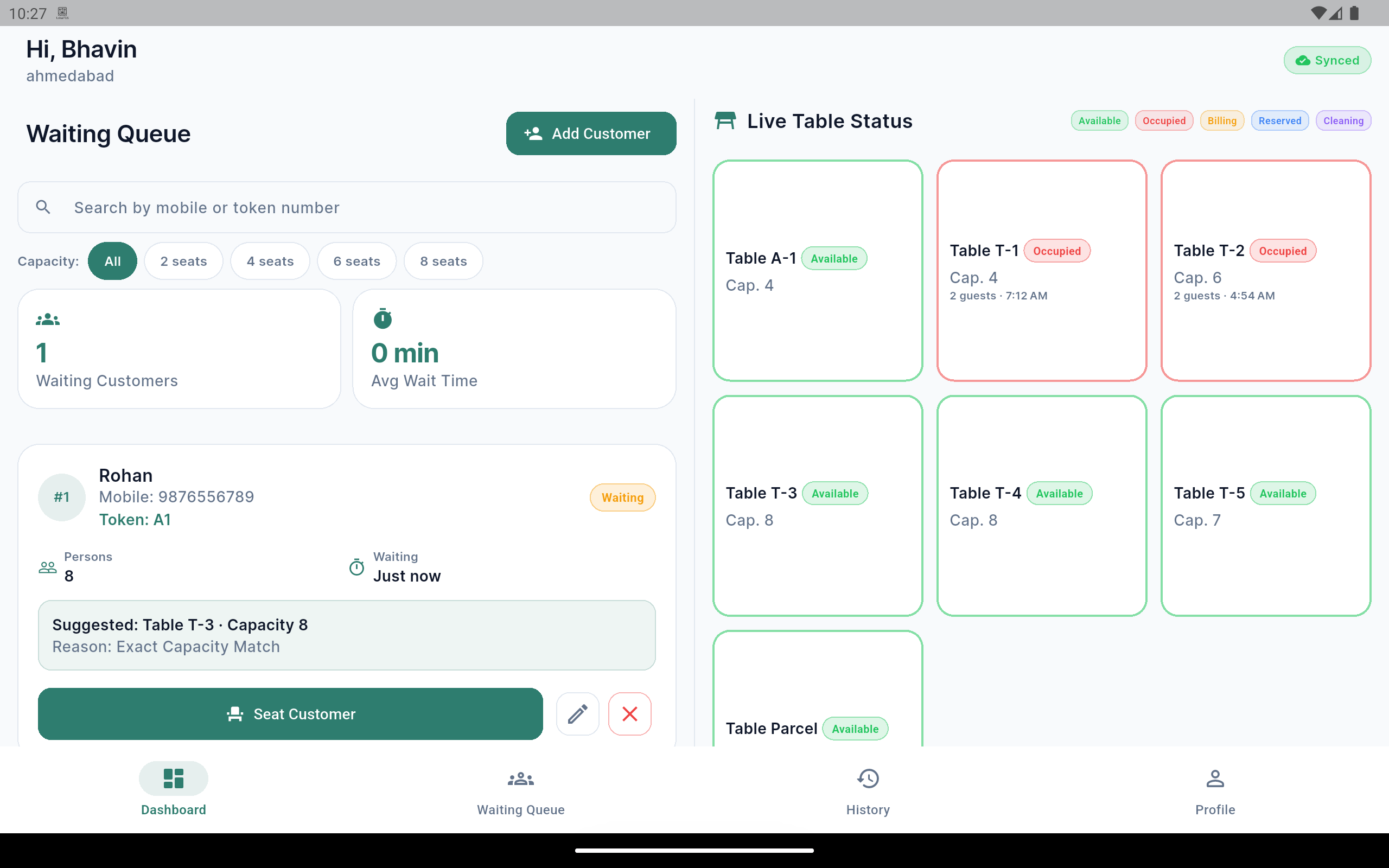 Reception dashboard with waiting queue and live table status